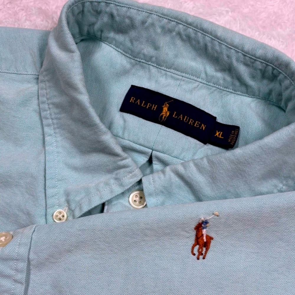 Ralph Lauren Button Shirt Mens XL Aqua Blue Chambray Short Sleeve FLESH PONY